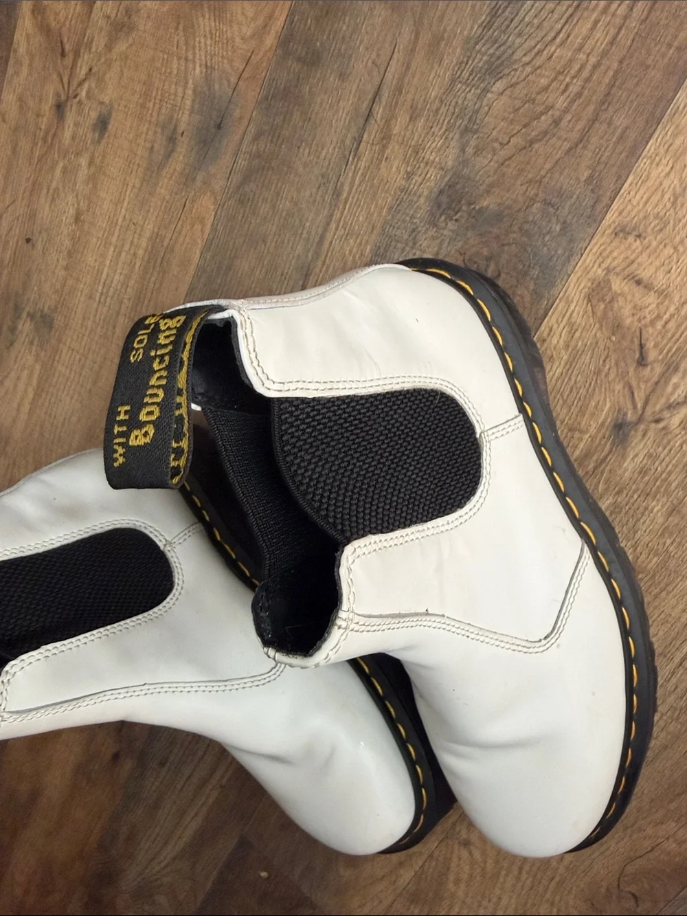 Dr. Martens White Leather Chelsea Lug Boots with Yellow Stitching